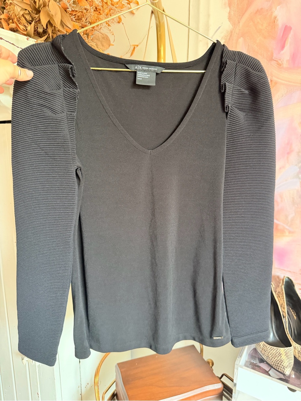 A|X Armani Exchange Black V-Neck Puff Sleeve Top